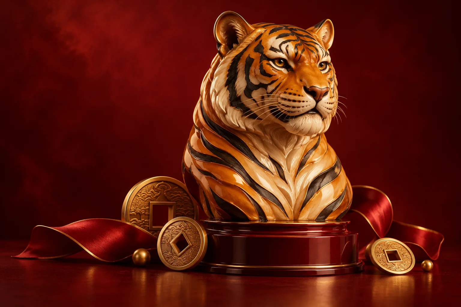 Ilustração editorial de um tigre dourado sobre fundo bordô